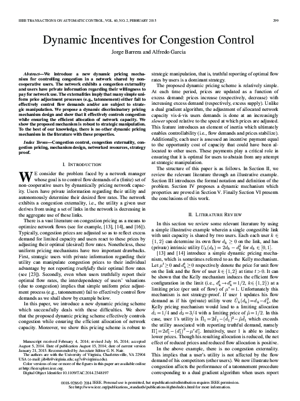 (PDF) Dynamic Incentives for Congestion Control