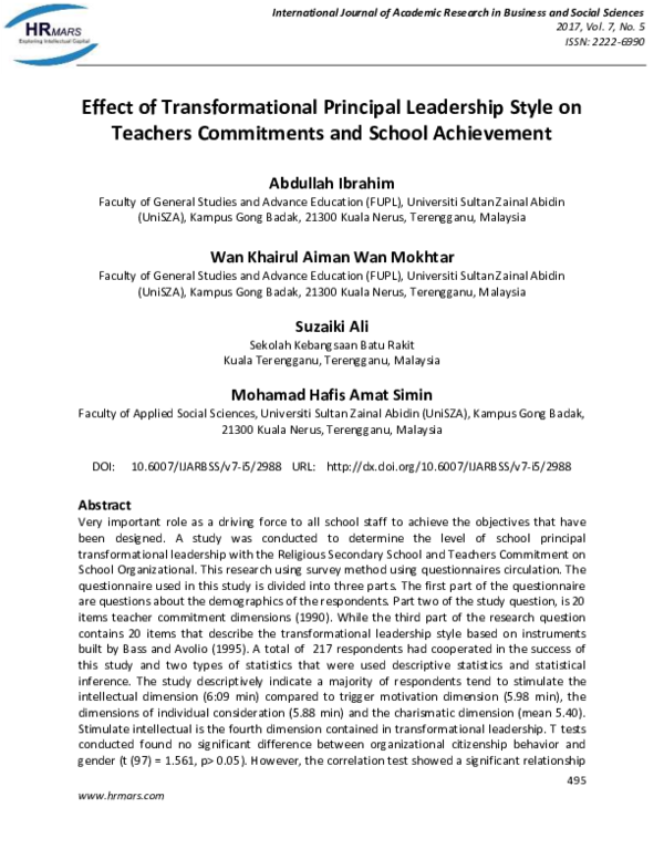 (PDF) Effect of Transformational Principal Leadership Style on Teachers ...