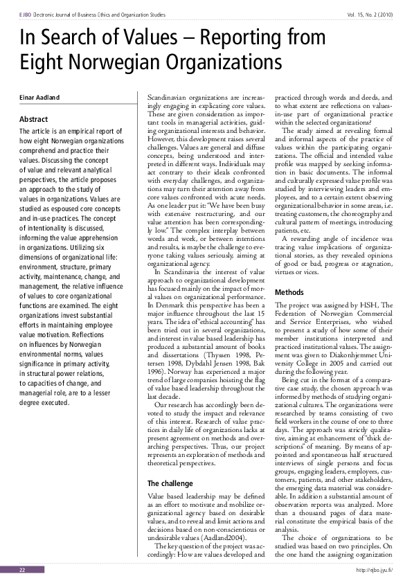 (PDF) In Search of Values Reporting from Eight Norwegian Organizations