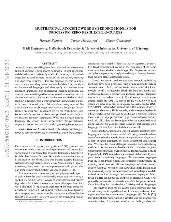 (PDF) Multilingual Acoustic Word Embedding Models for Processing Zero ...
