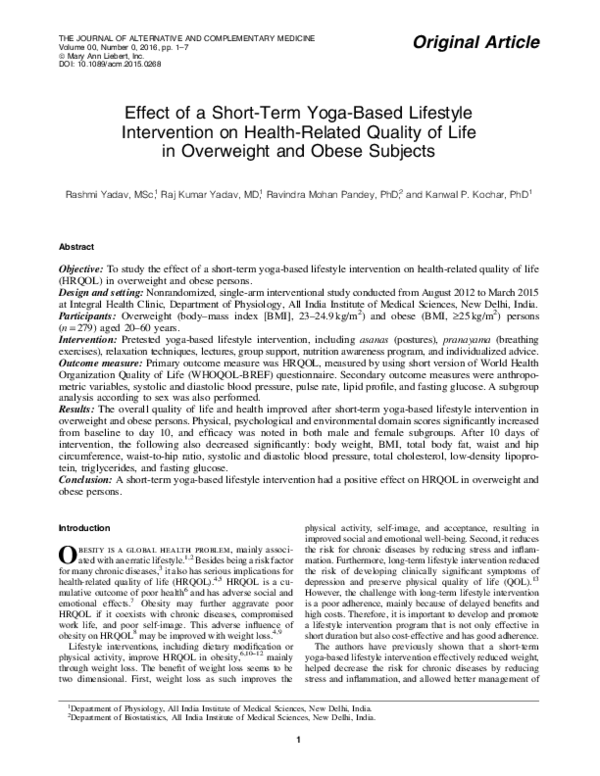 (PDF) Effect of a Short-Term Yoga-Based Lifestyle Intervention on ...