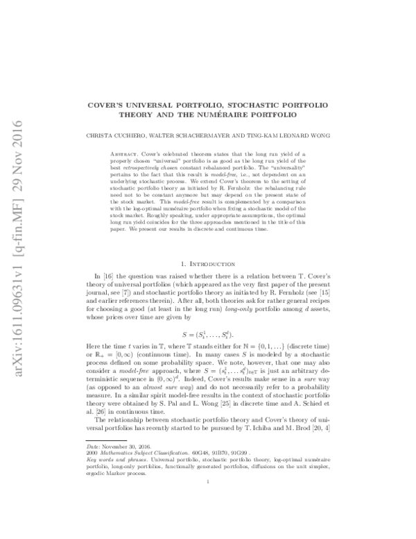 (PDF) Cover's universal portfolio, stochastic portfolio theory, and the ...
