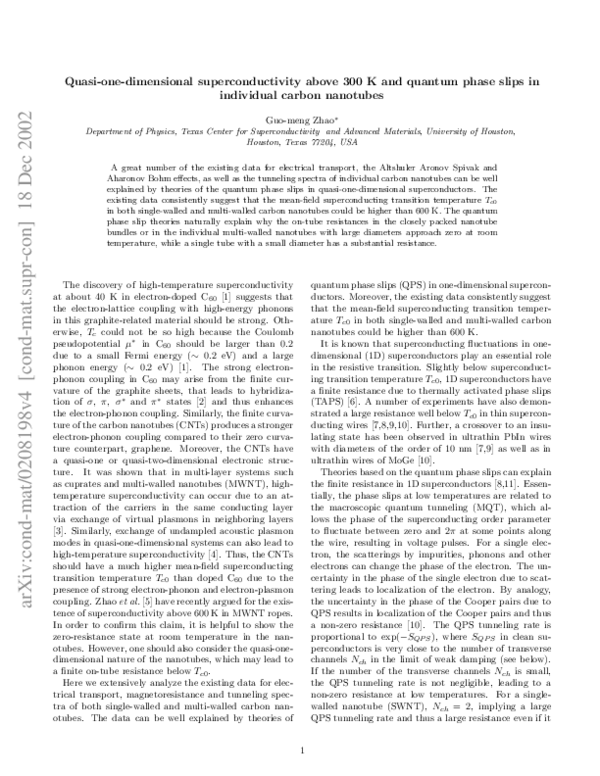 (PDF) Quasi-one-dimensional superconductivity above 300 K and quantum ...