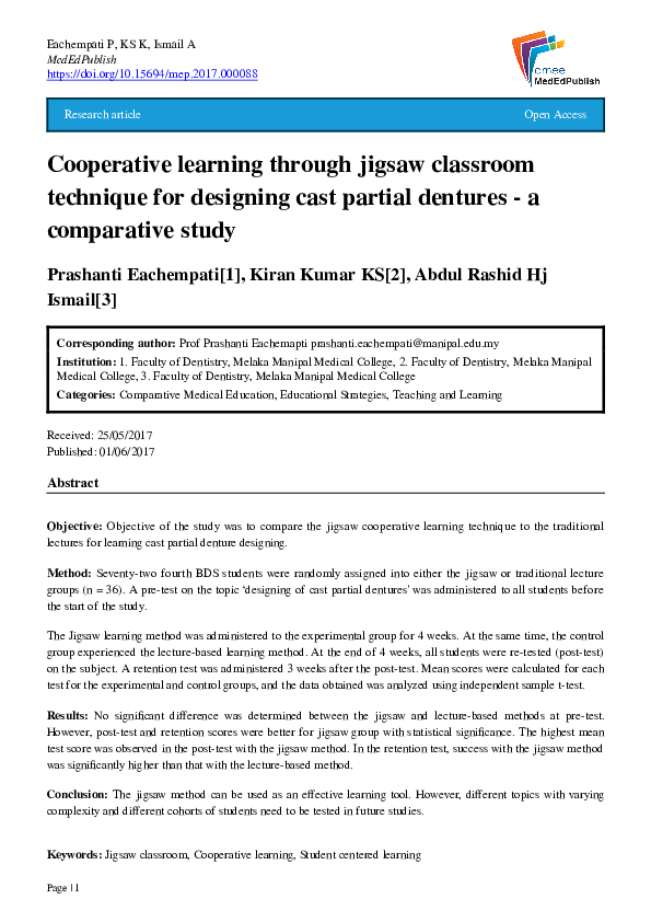 (PDF) Cooperative learning through jigsaw classroom technique for