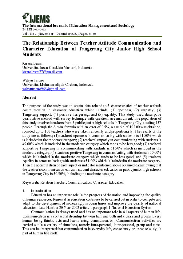 (PDF) Relationship Between Teacher Attitude Communication and Character ...
