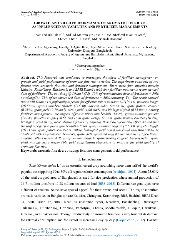 (PDF) Growth and Yield Performance of Aromatic Fine Rice as Influenced ...