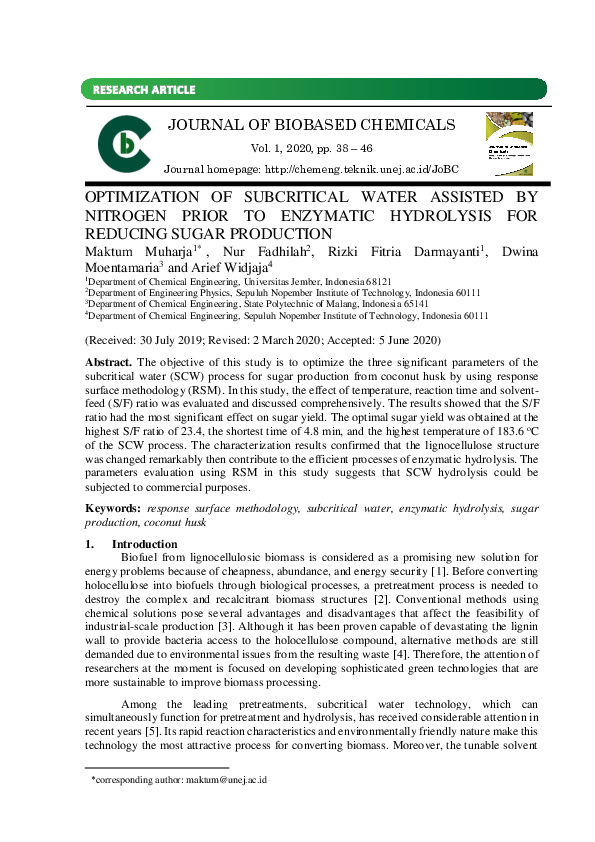 (PDF) Optimization of Subcritical Water Assisted by Nitrogen Prior to ...