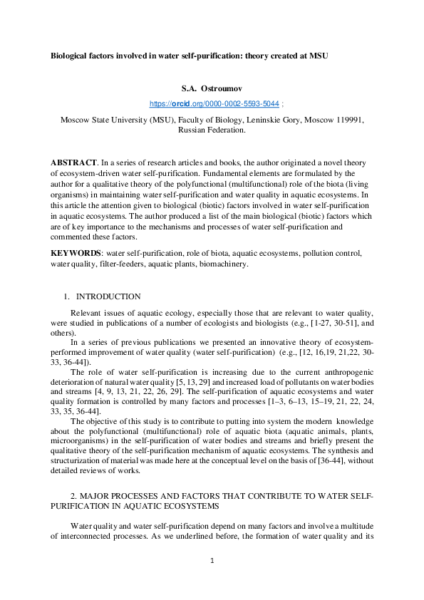 (PDF) Biological factors involved in water selfpurification theory created at MSU; [water self
