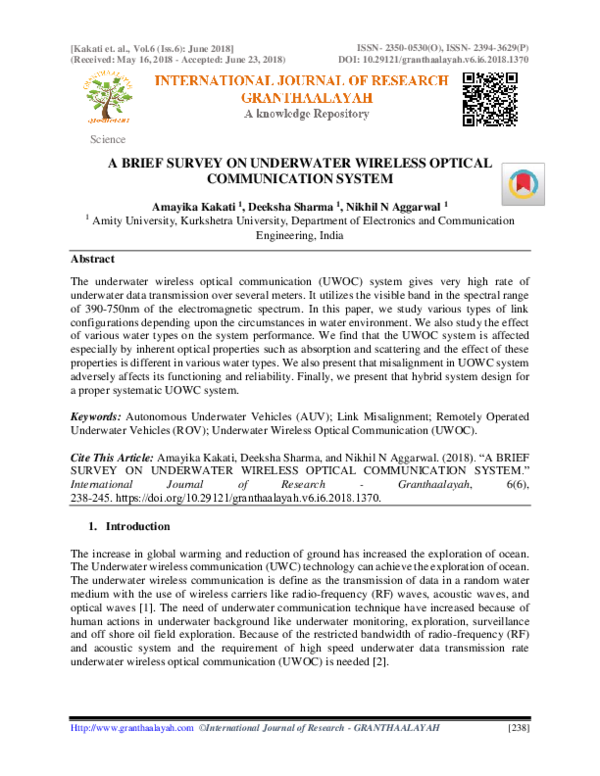 (PDF) A Brief Survey on Underwater Wireless Optical Communication System
