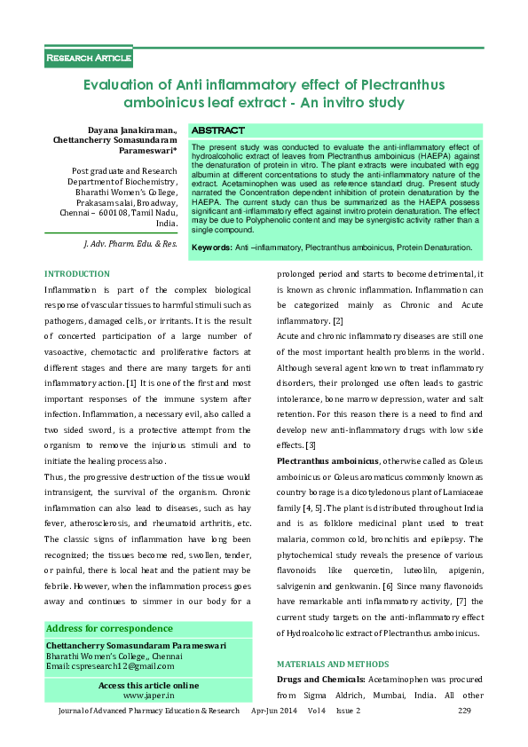 (PDF) Evaluation of Anti inflammatory effect of Plectranthus amboinicus ...