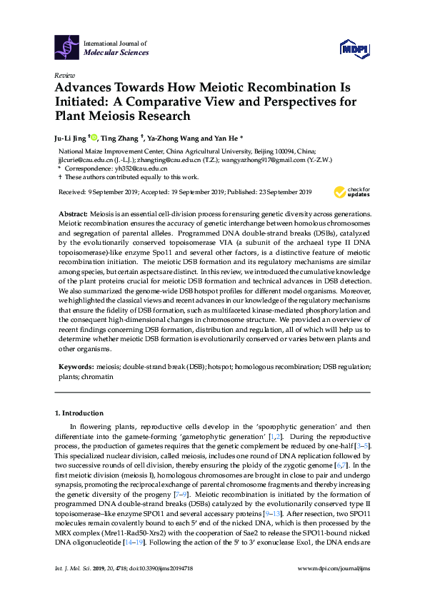 (PDF) Advances Towards How Meiotic Recombination Is Initiated: A ...