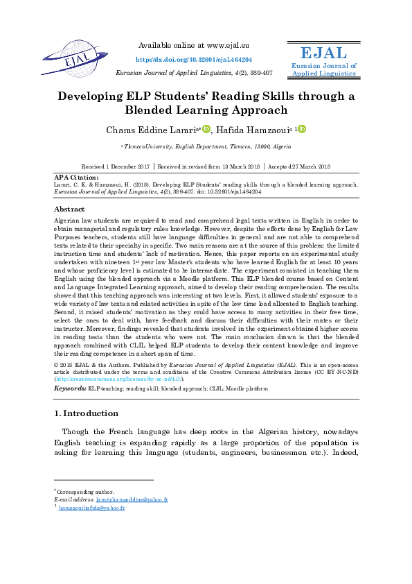 (PDF) Developing ELP Students’ Reading Skills through a Blended ...