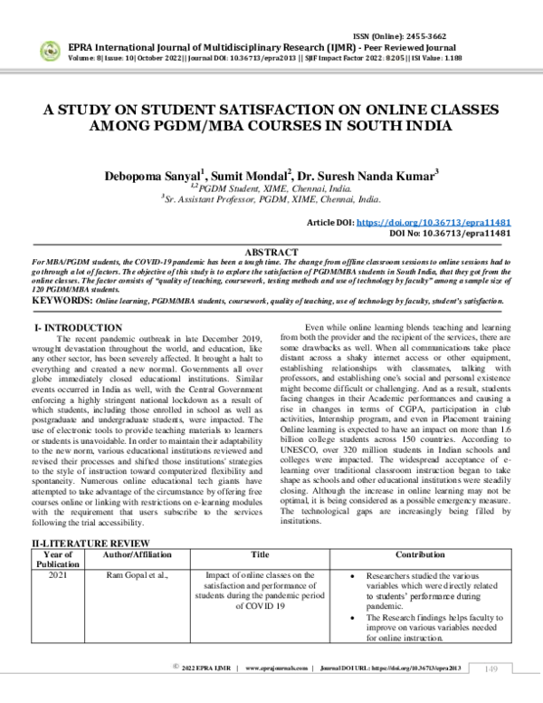 (PDF) A Study on Student Satisfaction on Online Classes Among PGDM/Mba ...