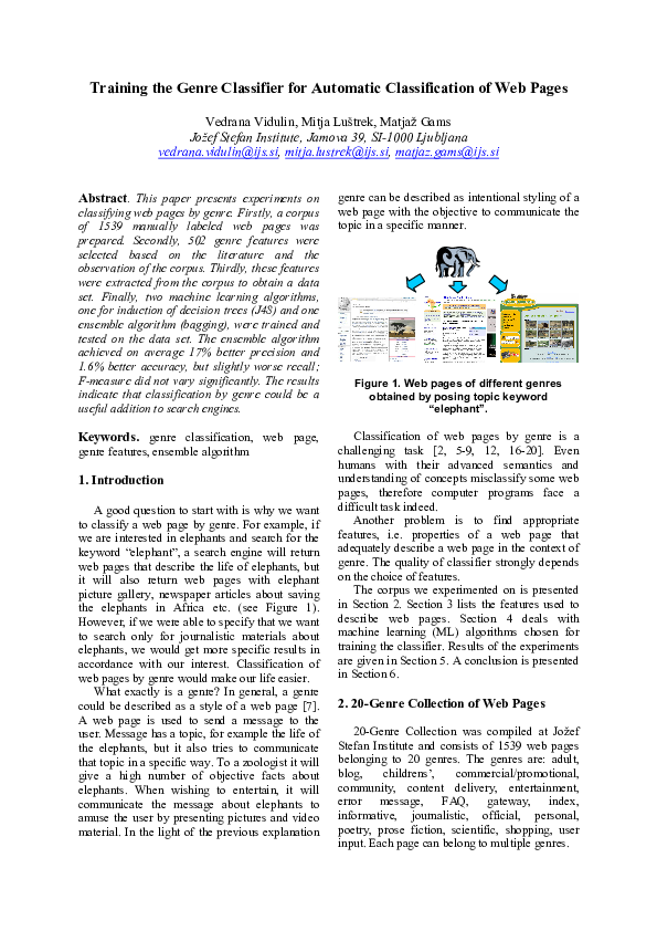 (PDF) Training a Genre Classifier for Automatic Classification of Web Pages
