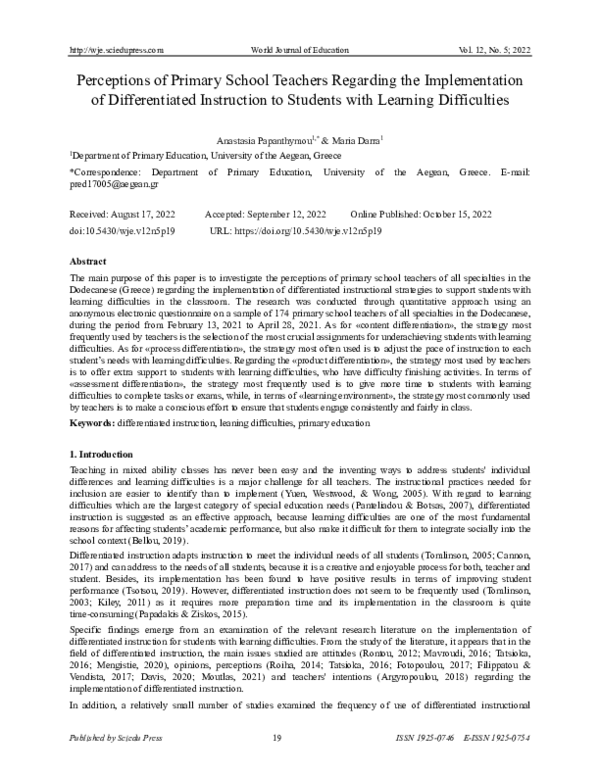 (PDF) Perceptions of Primary School Teachers Regarding the ...