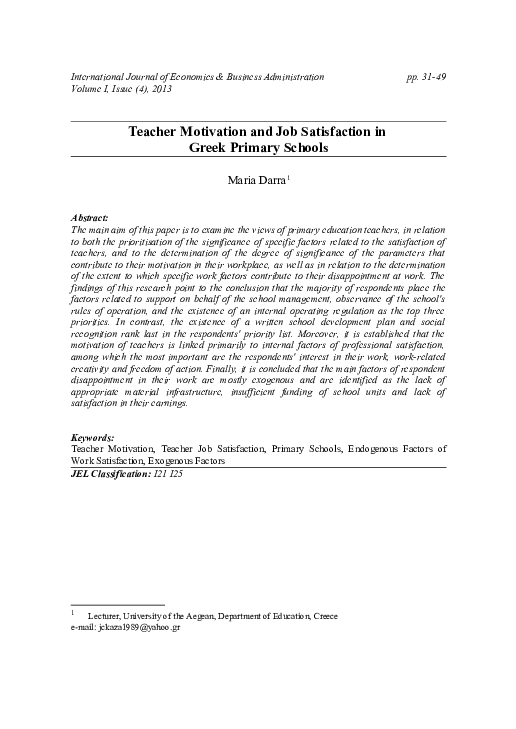 (PDF) Teacher Motivation and Job Satisfaction in Greek Primary Schools