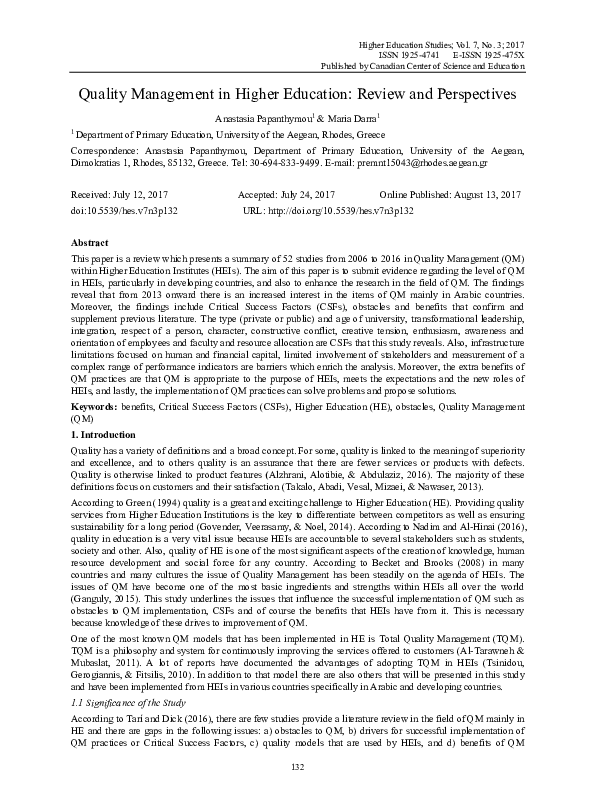 (PDF) Quality Management in Higher Education: Review and Perspectives