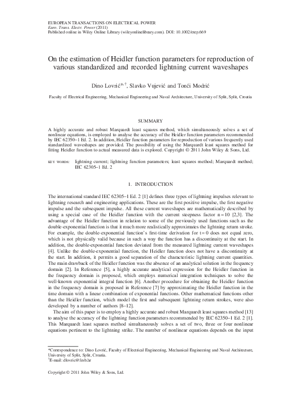 (PDF) On the estimation of Heidler function parameters for reproduction ...