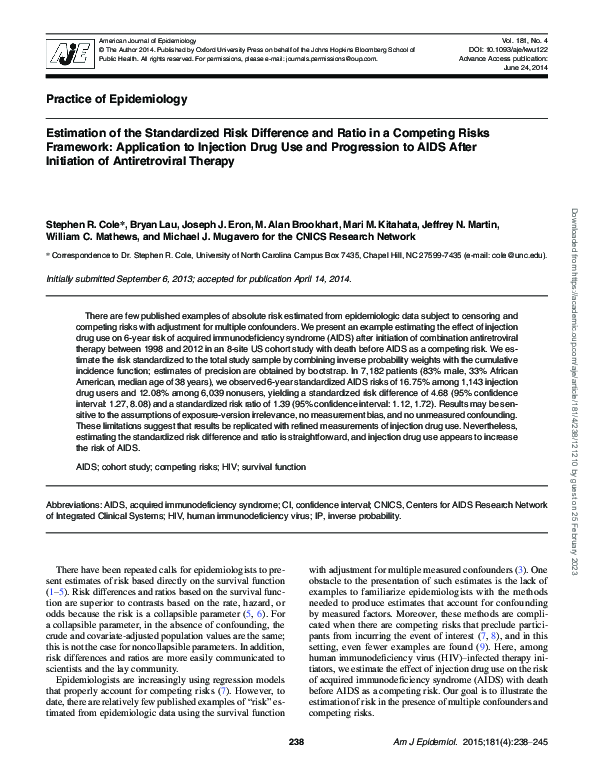 (PDF) Estimation of the Standardized Risk Difference and Ratio in a ...