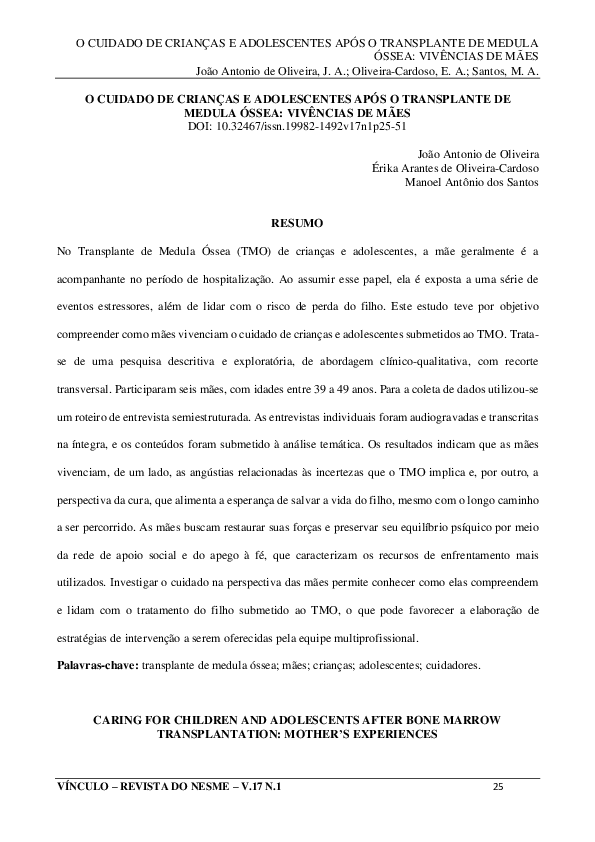 O cuidado de crianças e adolescentes após o transplante de medula óssea: vivências de mães