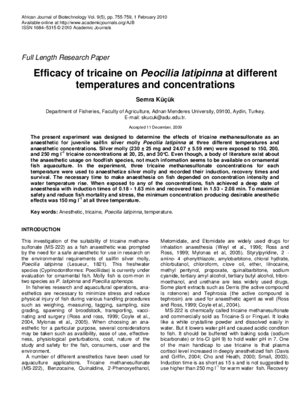 (PDF) Efficacy of tricaine on Peocilia latipinna at different ...