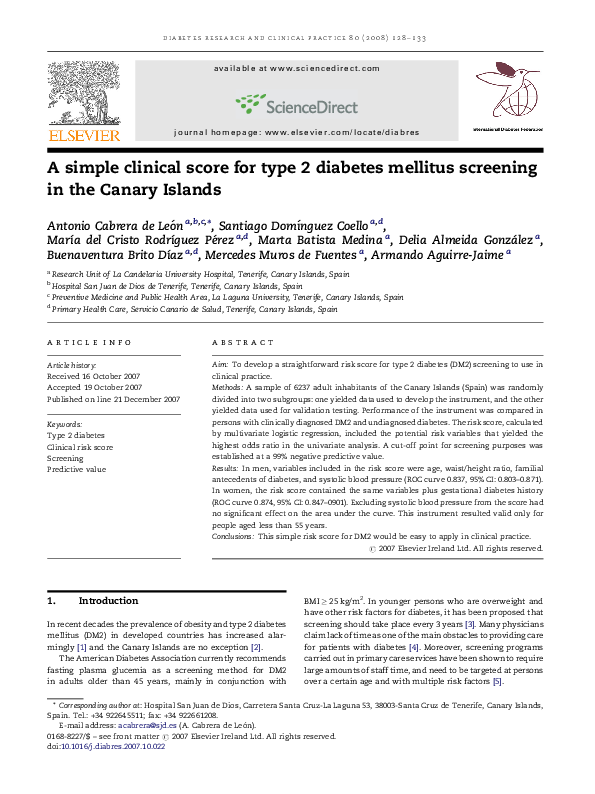 (PDF) A simple clinical score for type 2 diabetes mellitus screening in ...