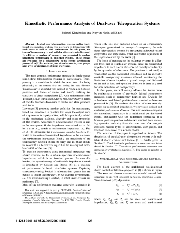 (PDF) Kinesthetic performance analysis of dual-user teleoperation systems