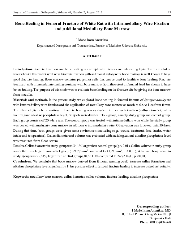 (PDF) Bone Healing in Femoral Fracture of White Rat with Intramedullary ...