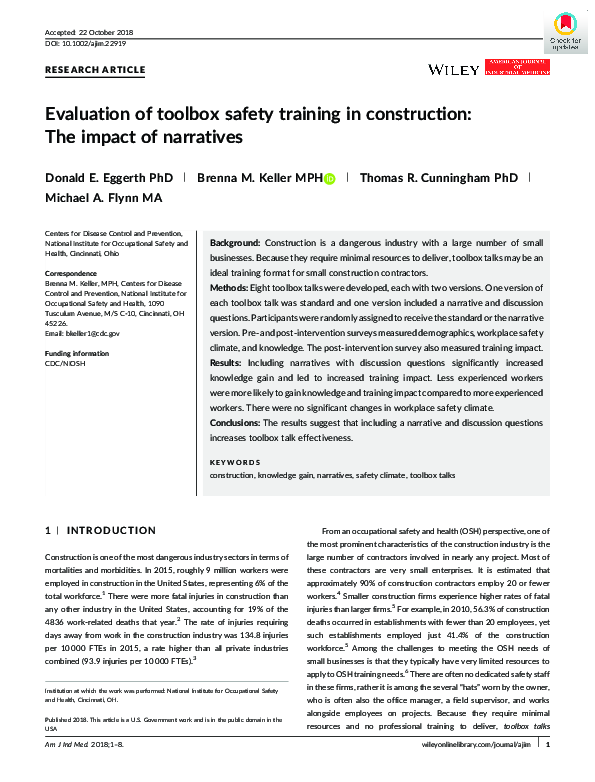 (PDF) Evaluation Of Toolbox Safety Training In Construction: The Impact ...