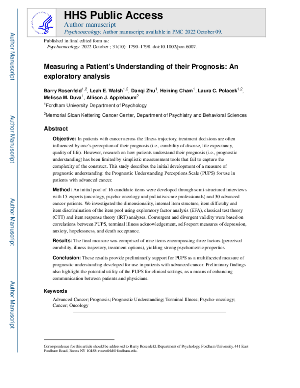 (PDF) Measuring a Patient's understanding of their prognosis: An ...