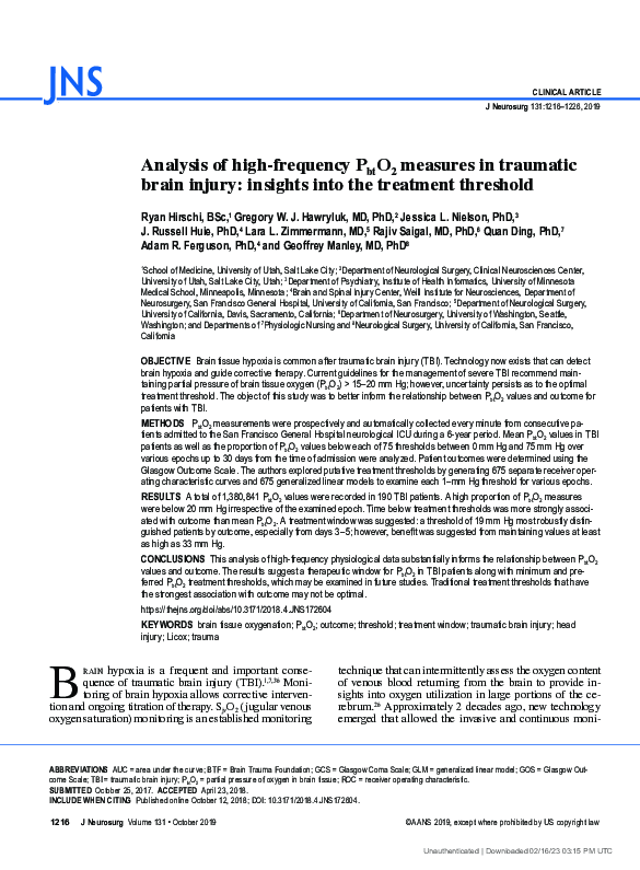 (PDF) Analysis of high-frequency PbtO2 measures in traumatic brain ...