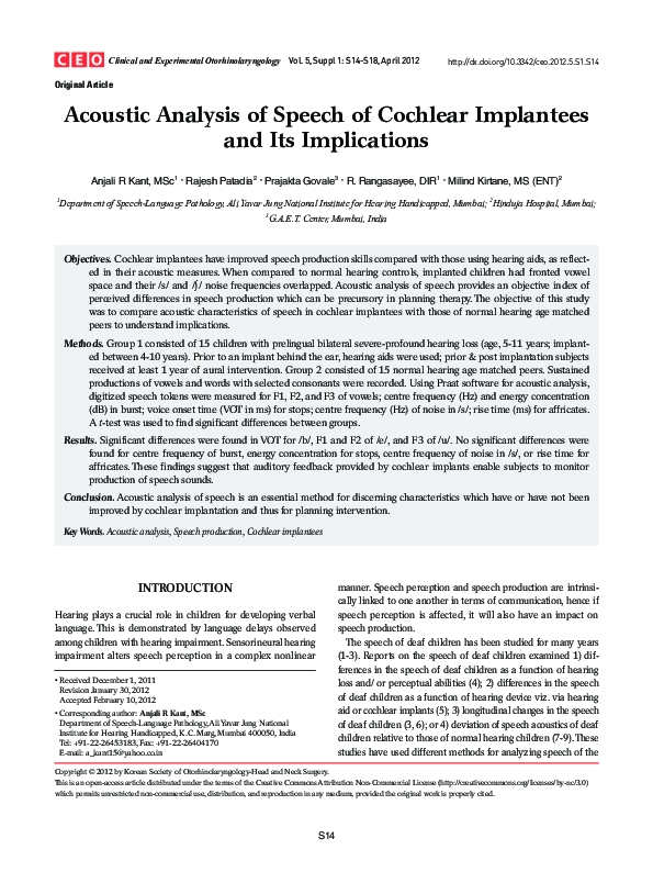 (PDF) Acoustic Analysis of Speech of Cochlear Implantees and Its ...