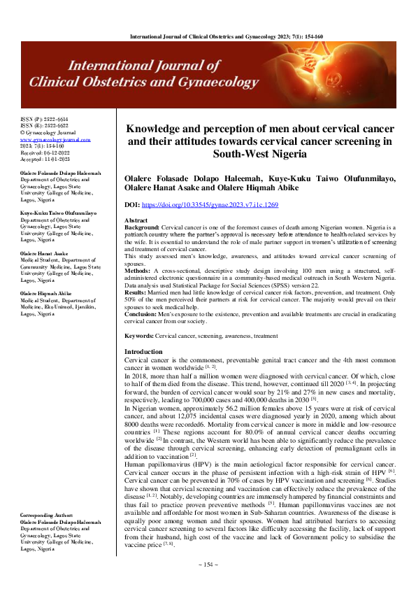 (PDF) Knowledge and perception of men about cervical cancer and their ...