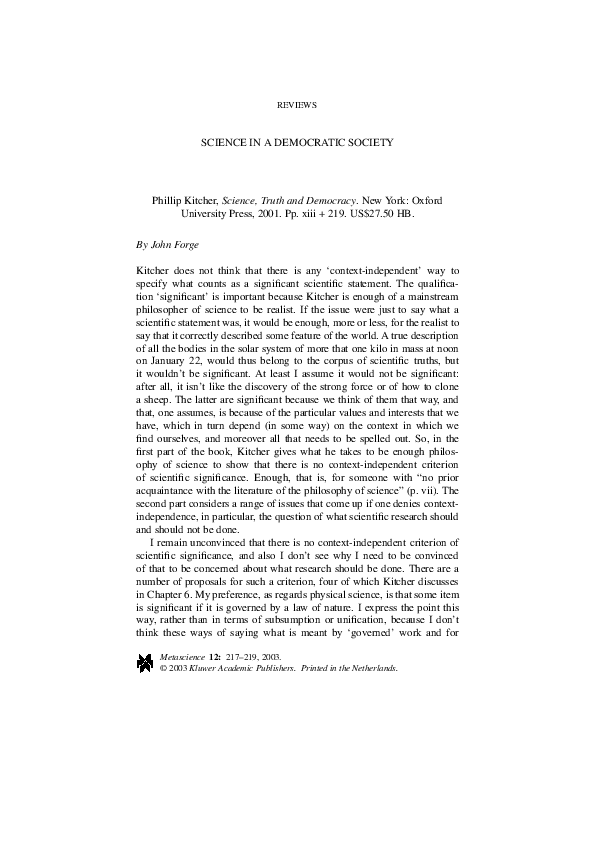 (PDF) Science in a Democratic Society