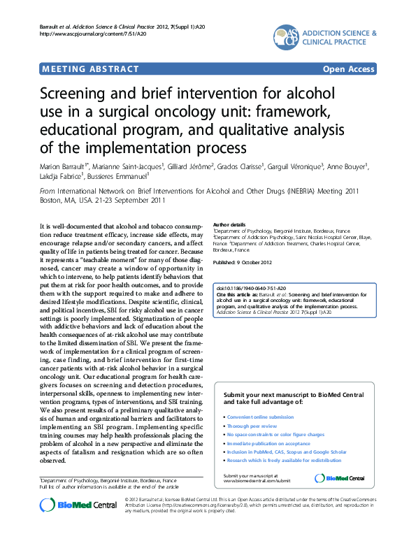 (PDF) Screening and brief intervention for alcohol use in a surgical ...