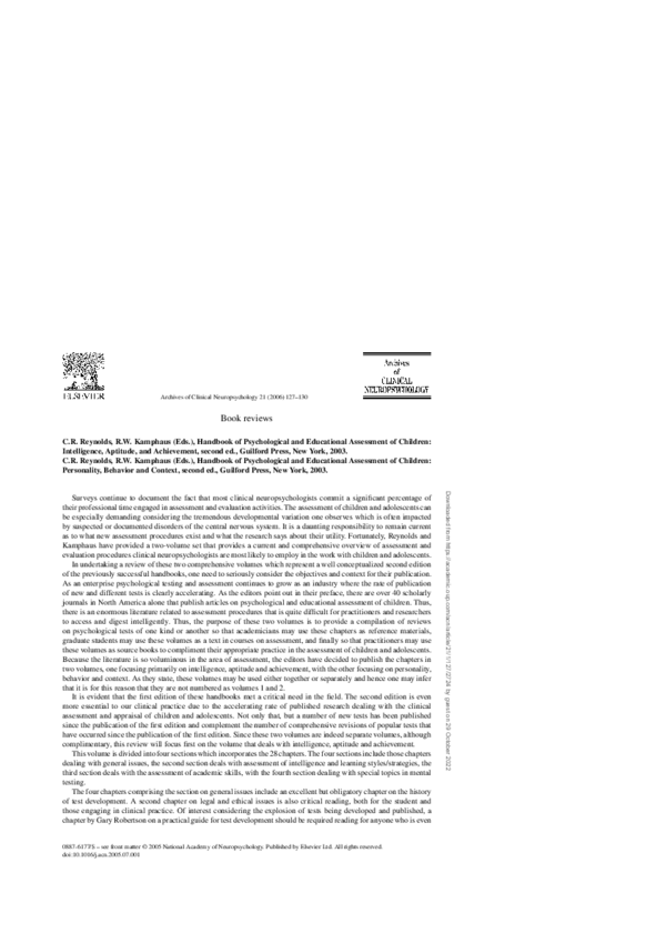 (PDF) C.R. Reynolds and R.W. Kamphaus, Editors, Handbook of ...