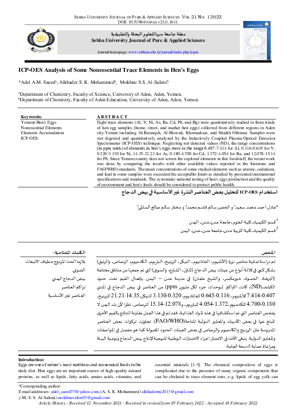 (PDF) ICP-OES Analysis of Some Nonessential Trace Elements in Hen's Eggs