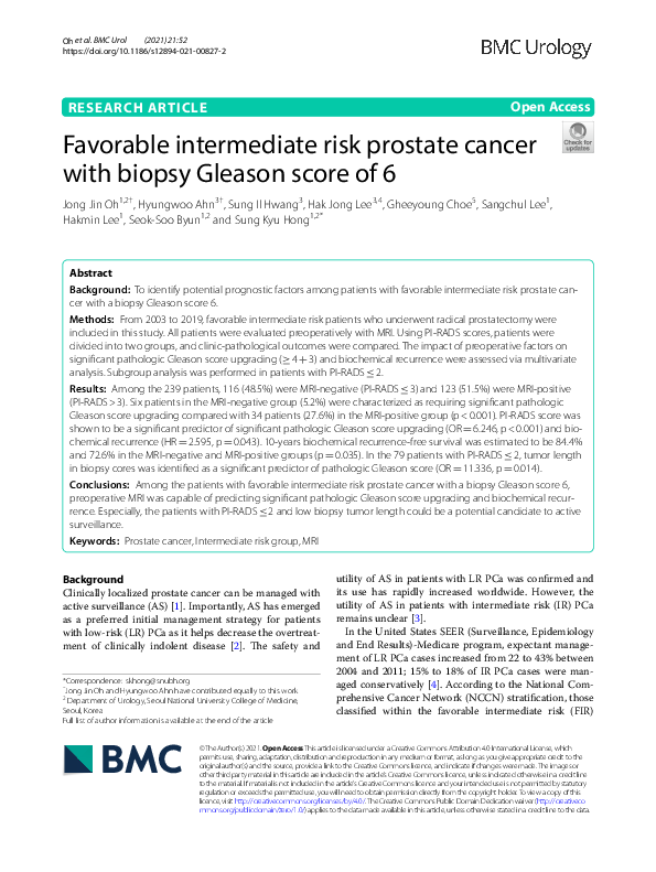 (PDF) Favorable intermediate risk prostate cancer with biopsy Gleason ...