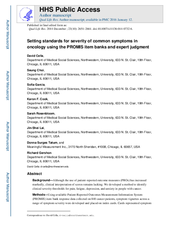 (PDF) Setting standards for severity of common symptoms in oncology ...