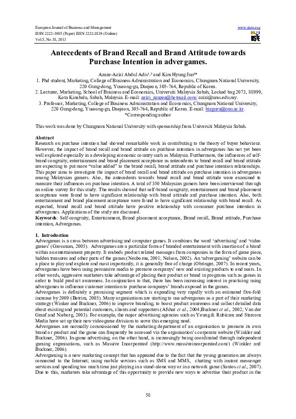(PDF) Antecedents of Brand Recall and Brand Attitude towards Purchase ...