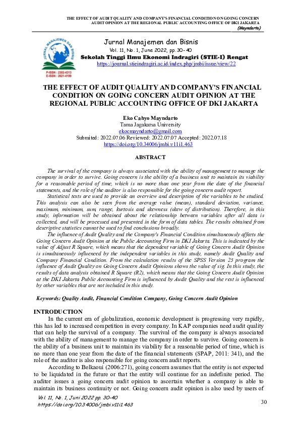 Pdf The Effect Of Audit Quality And Company S Financial Condition On