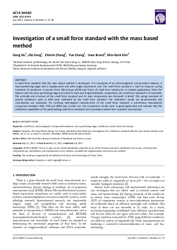 (PDF) Investigation of a small force standard with the mass based method