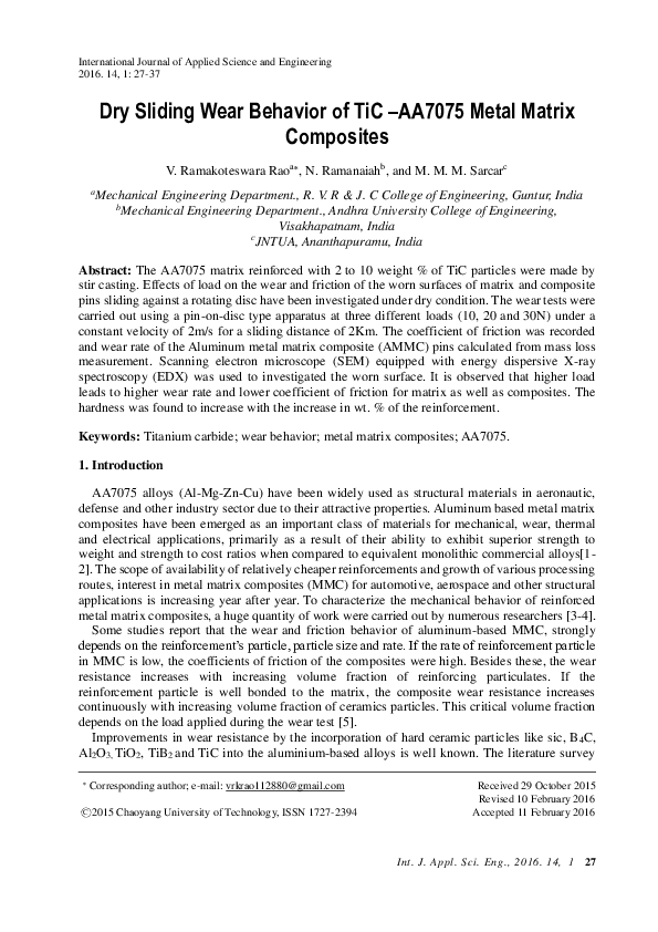(PDF) Dry Sliding Wear Behavior of Tic-AA7075 Metal Matrix Composites