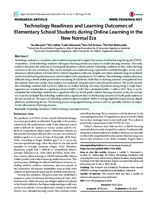(PDF) Technology Readiness and Learning Outcomes of Elementary School ...