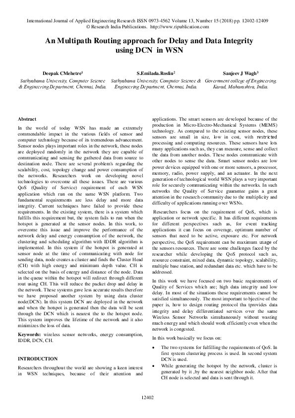 (PDF) An Multipath Routing approach for Delay and Data Integrity using ...