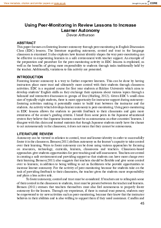 (PDF) Using Peer-Monitoring in Review Lessons to Increase Learner Autonomy