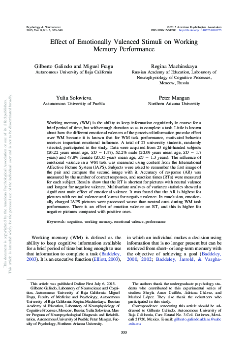 (PDF) Effect of emotionally valenced stimuli on working memory performance