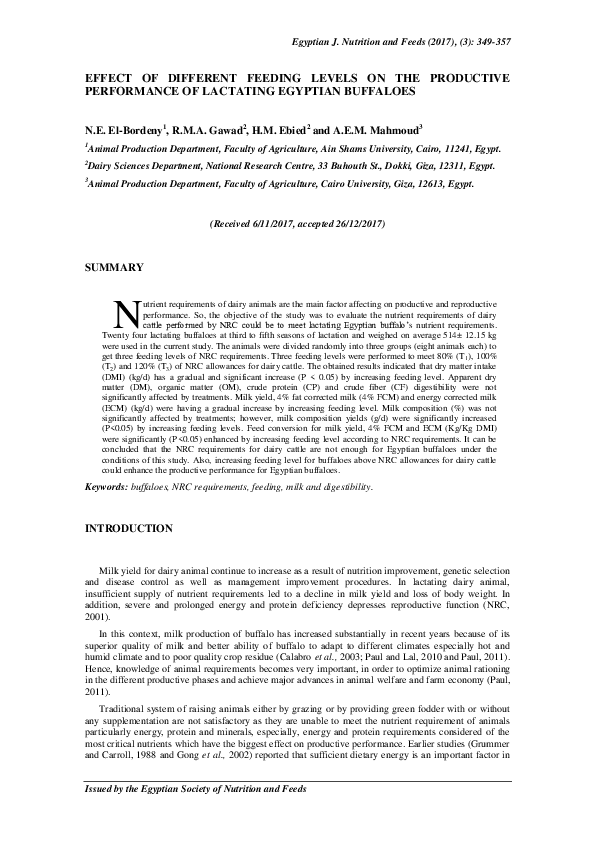 (PDF) Effect of Different Feeding Levels on the Productive Performance ...