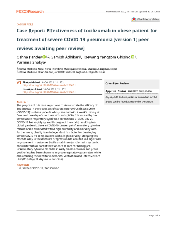 (PDF) Case Report: Effectiveness of tocilizumab in obese patient for ...