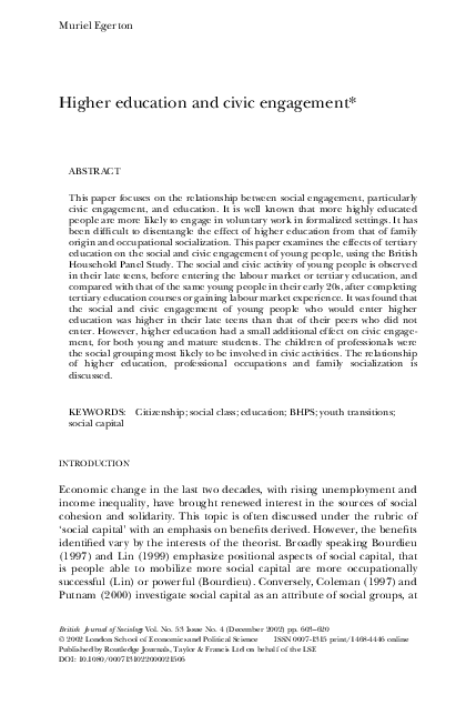 (PDF) Higher education and civic engagement*
